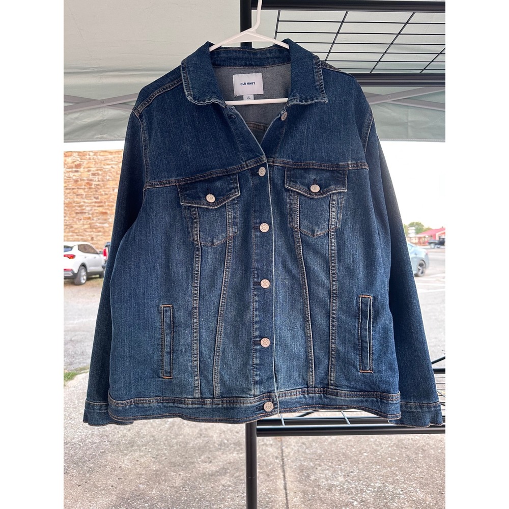 Old Navy Womens Dark Wash Denim Trucker Jacket Plus Size 2X Stretch Cotton
